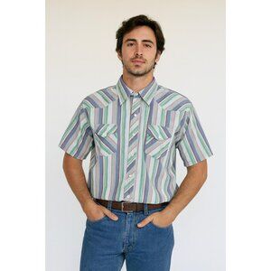 Vintage American Hero Colorful Striped Western Snap Short Sleeve Shirt- Size XXL